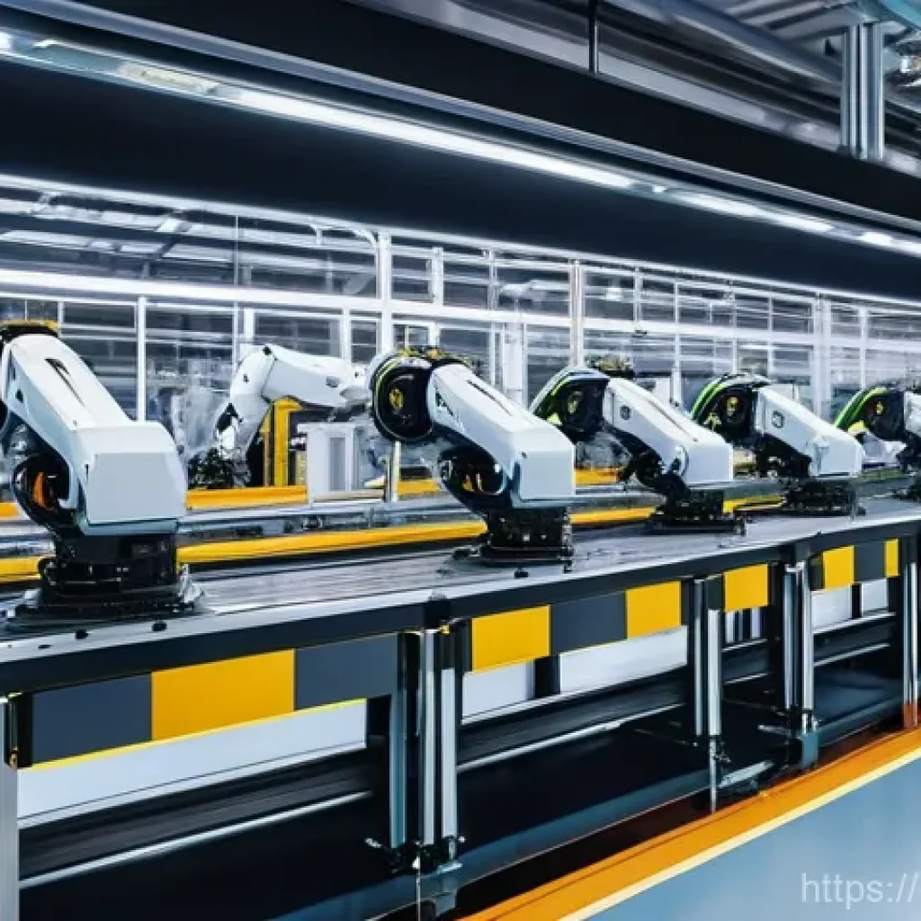 로보틱스 및 제어 시스템 - A brightly lit, high-tech smart factory interior. Robotic arms with multiple joints are precisely as...