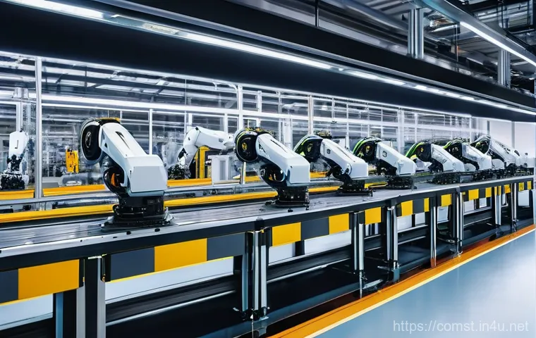 로보틱스 및 제어 시스템 - A brightly lit, high-tech smart factory interior. Robotic arms with multiple joints are precisely as...