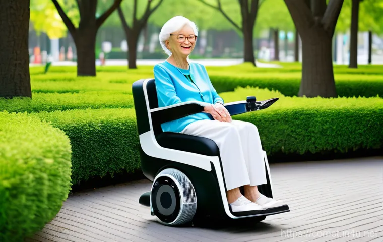 스마트 시스템 설계 - **Prompt 1: Smart Robot Chair for Seniors**
    An elderly woman, with a joyful and independent expr...