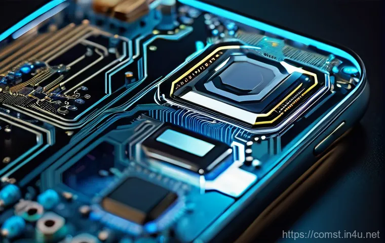 디지털 회로 설계 - **Prompt:** A close-up, highly detailed shot of a futuristic, transparent smartphone's interior, rev...