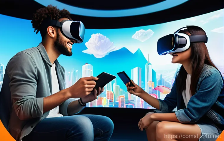 컴퓨터 그래픽스 기초 - **Prompt:** A diverse group of young adults, dressed in modern casual wear, enthusiastically experie...